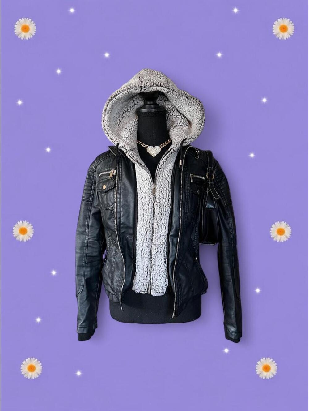 Vintage Y2K YMI Faux Leather Moto Biker Grunge Sherpa Hood Jacket size Small 🖤